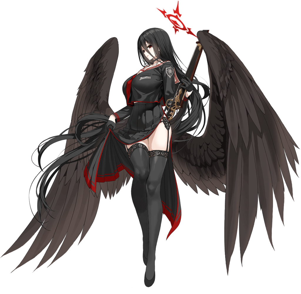 1girl absurdly_long_hair angel_wings black_hair black_legwear black_serafuku black_wings blue_archive bolt_action bow bowtie breasts clothes_lift feathered_wings full_body garter_belt gloves gun half_gloves hasumi_(blue_archive) holding holding_gun holding_weapon lace-up_thighhighs large_breasts long_hair long_skirt mx2j_(nsh6394) official_art p14_enfield red_bow red_bowtie red_eyes rifle school_uniform serafuku skirt skirt_lift solo tall_female thighhighs transparent_background very_long_hair weapon wings