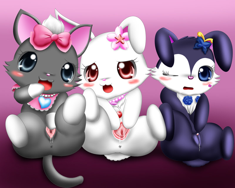 accessory anus black_body black_fur blue_eyes blush bodily_fluids diana_(jewelpet) doggy_(pixiv) domestic_cat felid feline felis female feral flower_hair_accessory fur genital_fluids genitals grey_eyes group hair_accessory hair_bow hair_ribbon jewelpet jewelry lagomorph leporid luea_(jewelpet) mammal masturbation necklace pussy pussy_juice rabbit red_eyes ribbons ruby_(jewelpet) sanrio sega_toys spread_legs spread_pussy spreading vaginal vaginal_masturbation white_body white_fur