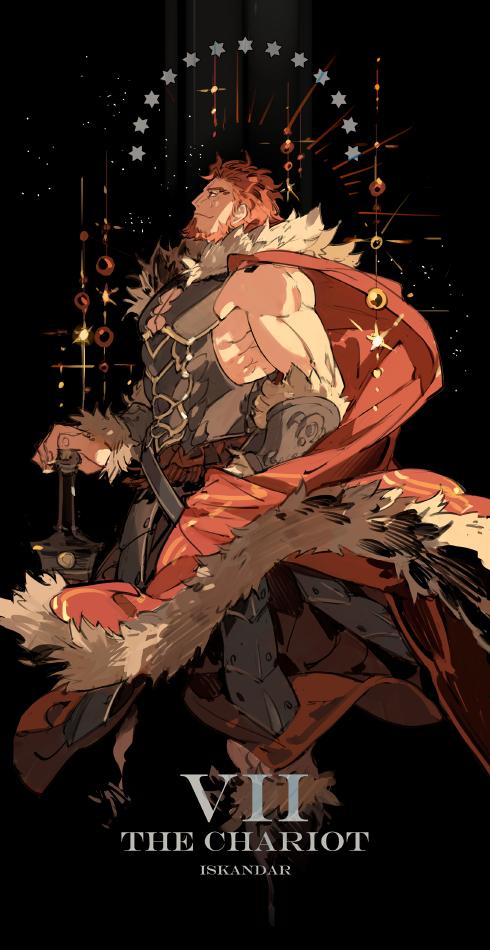 1boy armor background_text beard breastplate cape character_name cleavage_cutout clothing_cutout english_commentary facial_hair fate/zero fate_(series) full_body fur-trimmed_cape fur_trim holding holding_sword holding_weapon iskandar_(fate) leather light_particles light_smile looking_to_the_side male_focus mature_male muscular muscular_male red_cape red_eyes red_hair shiny shiny_clothes short_hair solo sparkle star_(symbol) starshadowmagician sword tarot tarot_arcana the_chariot_(tarot) weapon