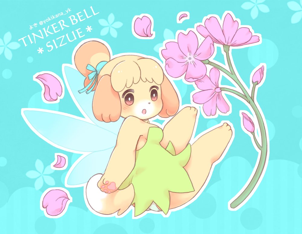 accessory animal_crossing anthro blonde_hair breasts canid canine canis cleavage clothed clothing crossover digital_media_(artwork) disney disney_fairies domestic_dog dress english_text fairy feet female fingers flower hair hair_accessory isabelle_(animal_crossing) mammal nintendo open_mouth pawpads peter_pan plant shih_tzu solo text tinker_bell_(disney) toes topwear toy_dog video_games wings yokikana_yk