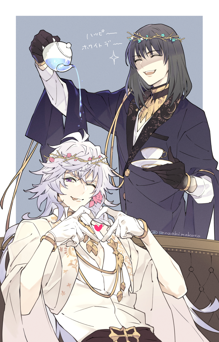 2boys ;p artist_name bangs black_hair braid chair closed_eyes cup false_smile fate/grand_order fate_(series) flower gloves hair_between_eyes heart heart_hands highres holding holding_cup jacket long_hair long_sleeves looking_at_viewer male_focus merlin_(fate) merlin_(overnight_dream)_(fate) multiple_boys oberon_(fate) oberon_(overnight_dream)_(fate) official_alternate_costume one_eye_closed petals senzaki_makoto shirt sitting sitting_on_object smile sparkle spoilers teacup teeth tongue tongue_out twitter_username upper_body upper_teeth white_hair white_shirt wreath