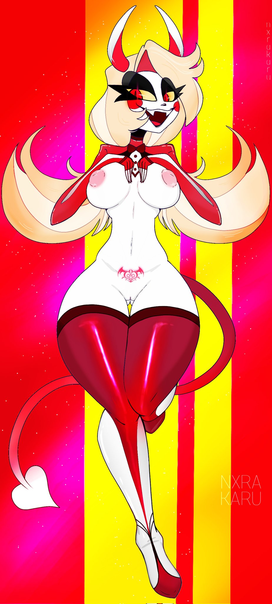 blonde_hair breasts charlie_(hazbin_hotel) demon fangs female genitals hair hazbin_hotel hi_res horn humanoid nipples norakaru open_mouth open_smile pussy red_eyes simple_background smile solo succubus tongue white_body