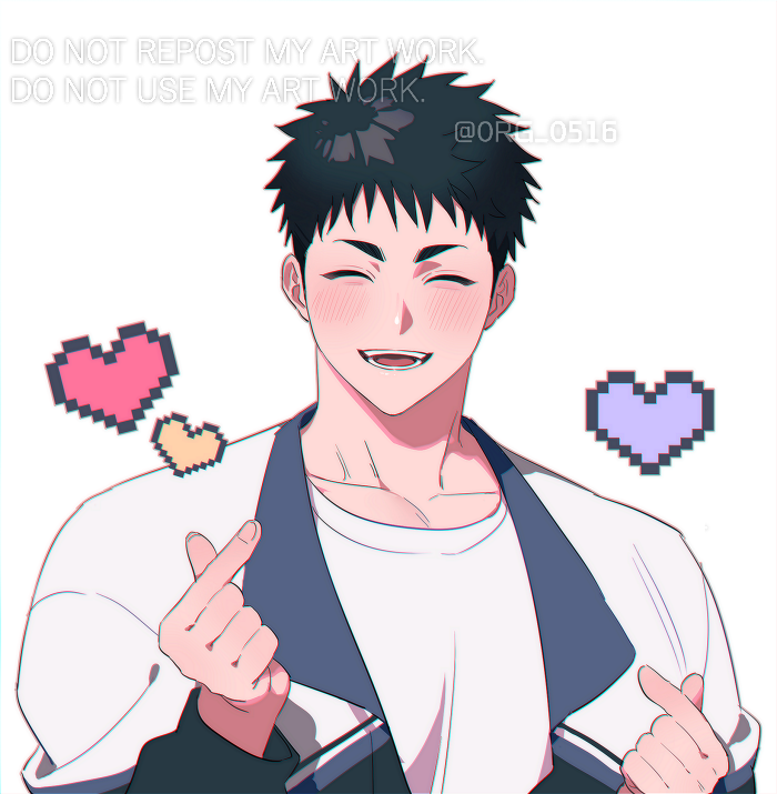 1boy artist_name black_hair blush closed_eyes crossed_fingers heart jacket male_focus mongz muscular muscular_male original shirt smile solo spiked_hair t-shirt text_focus thick_eyebrows