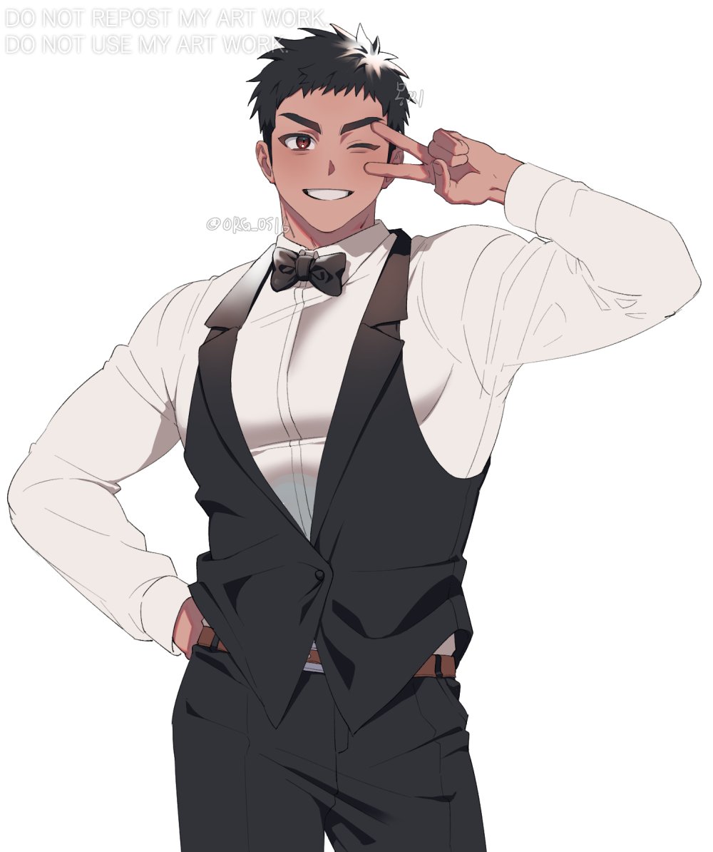 1boy artist_name bara belt black_hair bow bowtie brown_eyes dark_skin looking_at_viewer male_focus mongz muscular muscular_male one_eye_closed original pants pectorals shirt smile solo spiked_hair text_focus thick_eyebrows tight v