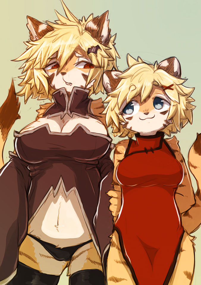 2018 :3 accessory anthro armwear asian_clothing bare_shoulders belly_tuft big_breasts biped black_clothing black_legwear black_panties black_underwear blonde_hair blue_eyes breasts brown_ears brown_nose brown_stripes brown_tail cheek_tuft chinese_clothing chinese_dress claws cleavage closed_smile clothed clothing countershade_face countershade_legs countershade_torso countershading detached_sleeves digital_media_(artwork) dipstick_tail dress duo east_asian_clothing eyebrow_through_hair eyebrows facial_markings facial_tuft felid female finger_claws fuo_(hanadaiteol) fur gradient_background hair hair_accessory hairclip hanadaiteol hand_on_own_arm hands_behind_back head_markings hip_tuft kemono legwear long_sleeves looking_at_another mammal markings medium_breasts monotone_hair multicolored_body multicolored_ears multicolored_fur navel navel_tuft orange_body orange_claws orange_fur orange_tail pantherine panties portrait pupils raised_tail red_clothing red_dress red_eyes short_hair shoulder_tuft simple_background sleeveless sleeveless_dress slit_pupils smile standing striped_arms striped_body striped_face striped_fur striped_legs striped_markings striped_tail stripes tail_markings tan_body tan_countershading tan_ears tan_fur tan_inner_ear thick_eyebrows thigh_highs three-quarter_portrait tiger translucent translucent_hair tuft two_tone_ears two_tone_tail underwear wide_sleeves