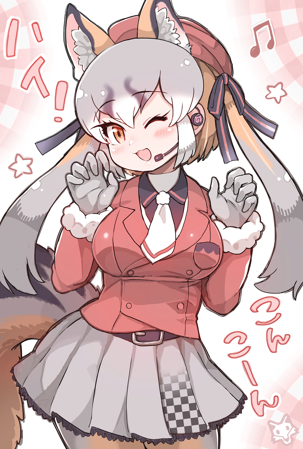 1girl :3 animal_ears black_shirt blush claw_pose collared_shirt cowboy_shot fox_ears fox_girl fox_tail frilled_skirt frills fur_trim gloves grey_gloves grey_hair grey_legwear grey_skirt highres island_fox_(kemono_friends) jacket kemono_friends kemono_friends_v_project light_brown_hair long_hair long_sleeves looking_at_viewer multicolored_hair necktie official_alternate_costume one_eye_closed open_mouth orange_eyes orange_jacket orange_legwear pantyhose pleated_skirt shirt skirt solo sound_effects tail tanaka_kusao translated twintails two-tone_hair two-tone_legwear virtual_youtuber white_fur white_necktie