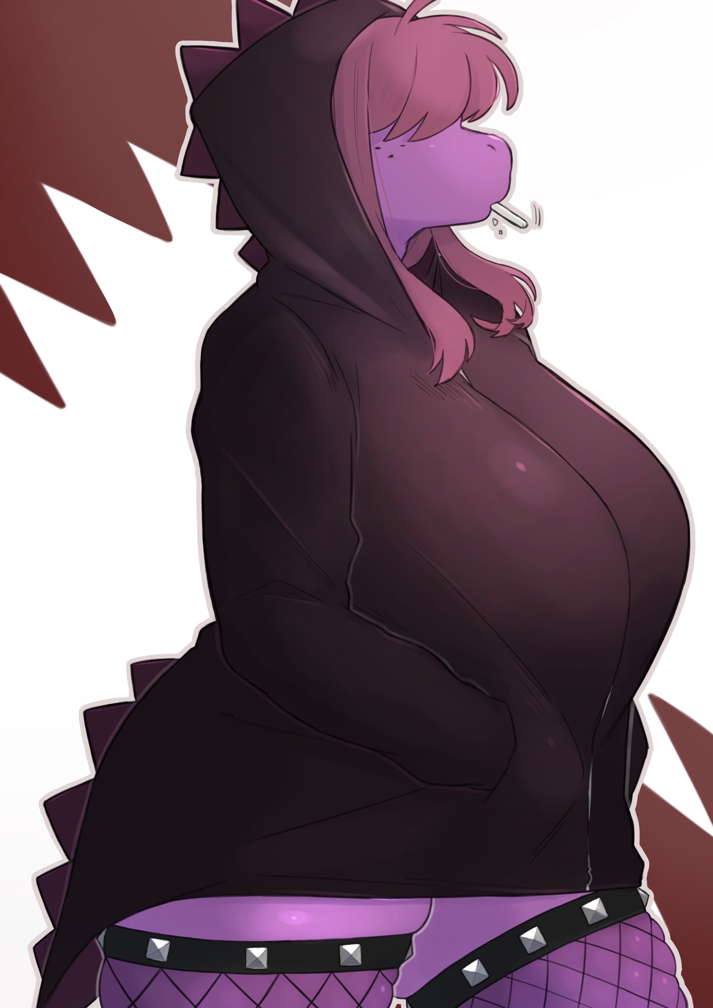 anthro big_breasts breasts brown_hair chalk clothing deltarune dinosaur eating eating_chalk female fishnet fishnet_legwear freckles hair hair_over_eyes hands_in_both_pockets hi_res hoodie huge_breasts legwear non-mammal_breasts obscured_eyes portrait purple_body purple_scales reptile scales scalie side_view simple_background solo squish susie_(deltarune) sweatshirt thick_thighs thigh_squish three-quarter_portrait topwear underchikichan undertale_(series) video_games wide_hips