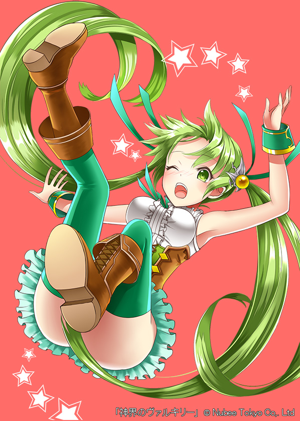 1girl armpits ass boots breasts brown_footwear copyright_name falling forehead green_eyes green_hair green_legwear hair_censor long_hair official_art one_eye_closed open_mouth red_background shinkai_no_valkyrie simple_background sleeveless solo star_(symbol) thighhighs twintails very_long_hair yoshino35