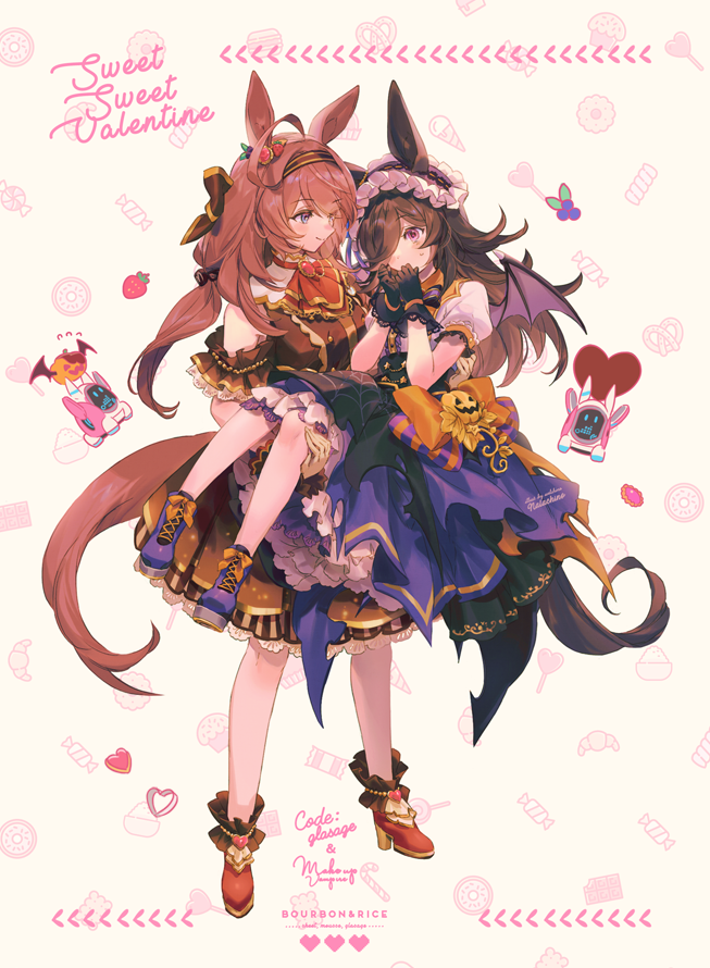 2girls animal_ears arm_garter bat_wings black_gloves blue_eyes boots brooch brown_dress brown_hair carrying character_name closed_mouth crown_patisserie_(umamusume) dress eye_contact food frilled_hairband frills fruit full_body gloves grapes hair_ornament hair_over_one_eye hairband heart high-waist_skirt high_heels horse_ears horse_girl horse_tail jabot jack-o'-lantern jewelry long_hair looking_at_another make_up_in_halloween!_(umamusume) mihono_bourbon_(code:glassage)_(umamusume) mihono_bourbon_(umamusume) multiple_girls petticoat princess_carry puffy_short_sleeves puffy_sleeves purple_eyes purple_footwear purple_skirt red_footwear rice_shower_(make_up_vampire!)_(umamusume) rice_shower_(umamusume) robot shirt short_sleeves skirt smile standing strawberry sweatdrop tail umamusume valentine welchino white_shirt wings