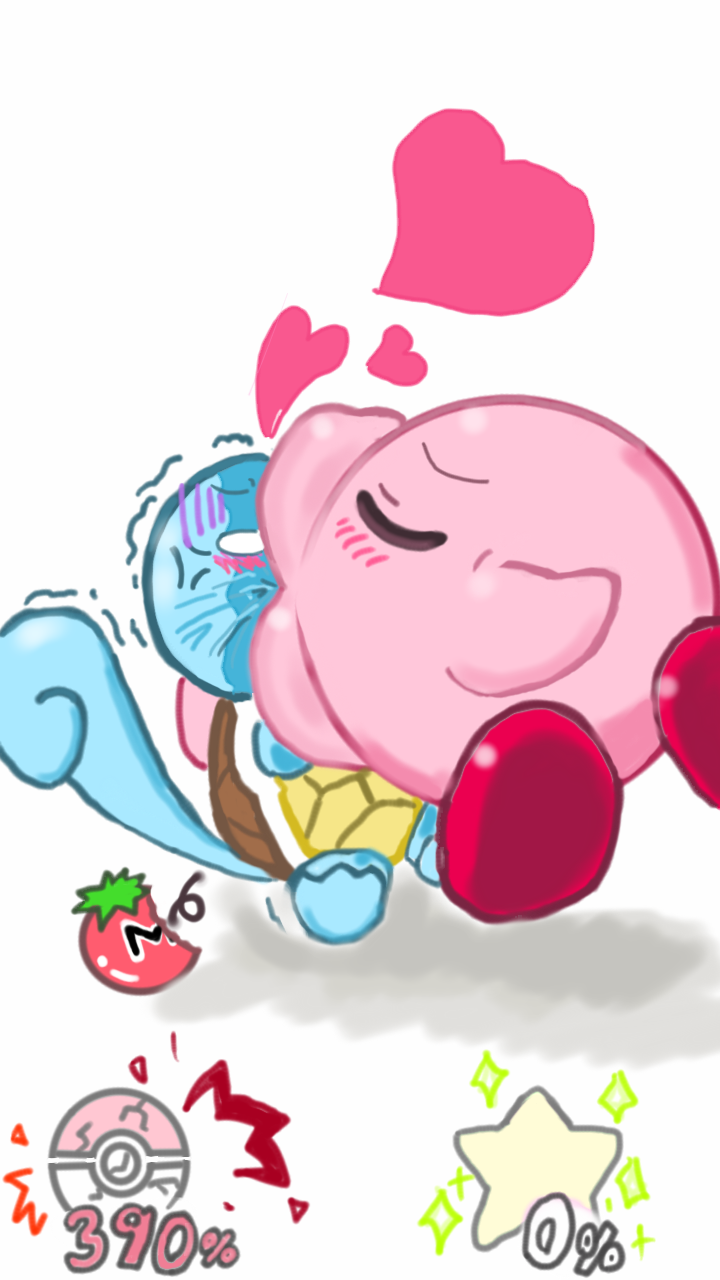 &lt;3 ambiguous_gender blush covering covering_face cross-popping_vein damage draining duo embrace eyes_closed hi_res hug huge_lips kirby kirby_(series) kissing maxim_tomato nintendo pok&eacute;mon pok&eacute;mon_(species) regunya shaking shocked smothering squirtle sucking super_smash_bros. tackle video_games vitality_drain