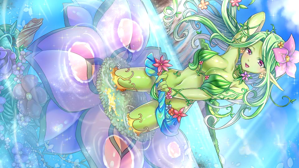 1girl alraune aluru_(monster_musume) artist_request blue_skirt blush breasts clothes_lift colored_skin flower green_hair green_panties green_skin hair_flower hair_ornament lifted_by_self long_hair medium_breasts midriff mole mole_under_eye monster_girl monster_musume_no_iru_nichijou monster_musume_no_iru_nichijou_online navel official_art open_mouth outdoors panties partially_submerged pink_eyes pink_flower plant_girl pointy_ears skirt skirt_lift solo sparkle underwear water