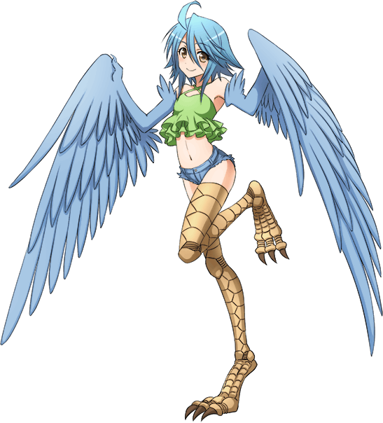 1girl ahoge artist_request bare_shoulders bird_legs blue_hair breasts denim denim_shorts eyebrows_visible_through_hair feathered_wings feathers frills green_shirt hair_between_eyes harpy medium_hair midriff monster_girl monster_musume_no_iru_nichijou monster_musume_no_iru_nichijou_online navel official_art papi_(monster_musume) shirt short_shorts shorts sidelocks small_breasts smile solo standing standing_on_one_leg talons winged_arms wings yellow_eyes