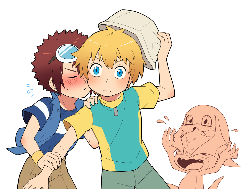 2boys blonde_hair blue_eyes blue_vest blush brown_hair brown_pants child commentary_request covering_another's_eyes cowboy_shot digimon digimon_(creature) digimon_adventure digimon_adventure_02 fang frown goggles goggles_on_head green_pants hat holding holding_clothes holding_hat kiss lao_wen male_focus motomiya_daisuke multiple_boys open_mouth pants patamon sharp_teeth simple_background surprised sweatdrop takaishi_takeru teeth v veemon vest white_background