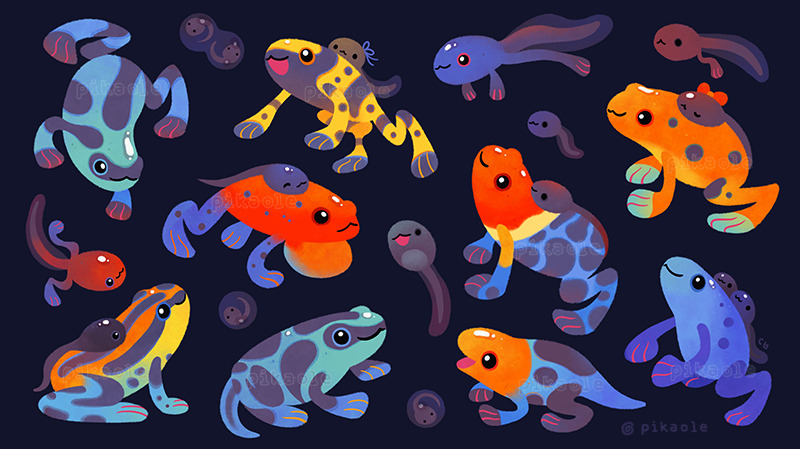 :3 animal animal_focus artist_name black_eyes blue_background blue_eyes bow carrying closed_eyes closed_mouth commentary egg english_commentary frog open_mouth orange_bow original piggyback pikaole poison_dart_frog red_eyes shiny shiny_skin simple_background smile solid_circle_eyes spots tadpole watermark