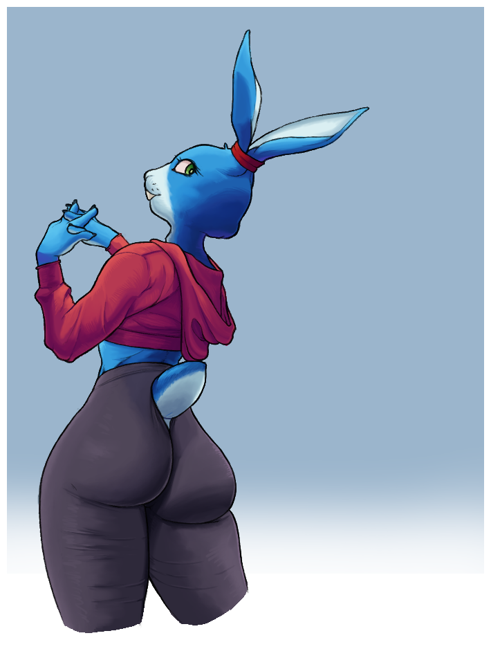 anthro big_butt blue_body blue_fur bonbon_(roommates) bottom_heavy bottomwear butt butt_pose clothing earband ears_up female fur gesture green_eyes hoodie humanoid lagomorph leggings legwear leporid looking_back mammal md34 multicolored_body multicolored_fur pants pose rabbit roommates:motha slim small_waist solo steepled_fingers thick_thighs tight_clothing topwear two_tone_body two_tone_fur wedgie yoga_pants