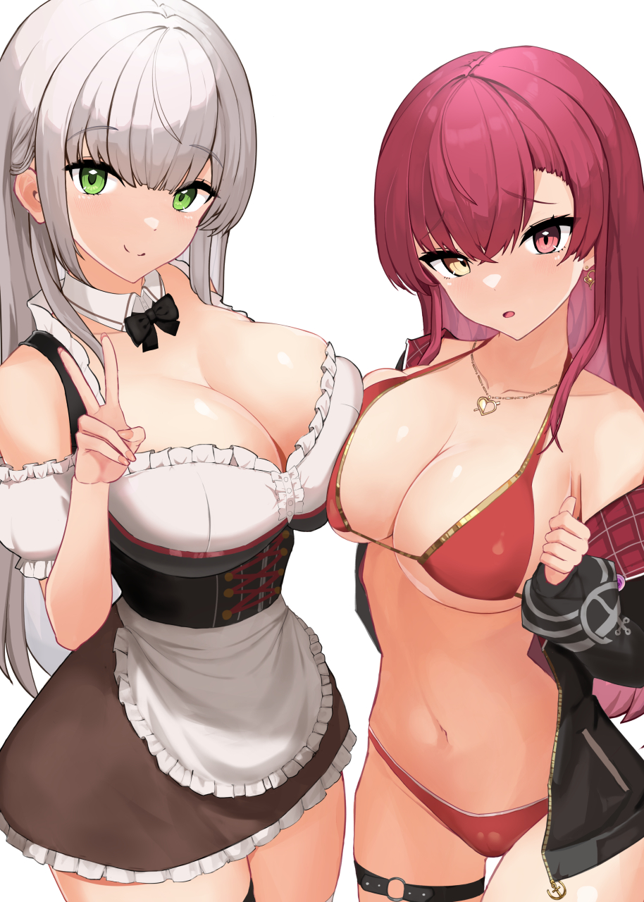 2girls apron asymmetrical_docking bikini black_bow black_bowtie black_jacket bow bowtie breast_press breasts cleavage corset cowboy_shot detached_collar detached_sleeves dress frilled_dress frills gold_necklace green_eyes grey_hair hair_down hand_up heart heart_necklace heterochromia highres hololive houshou_marine jacket large_breasts long_hair looking_at_viewer maid maid_apron multiple_girls navel off-shoulder_shirt off_shoulder official_alternate_costume oritonagi plaid red_bikini red_eyes red_hair shirogane_noel shirt short_dress single_bare_shoulder stomach swimsuit thigh_gap thigh_strap v virtual_youtuber white_shirt yellow_eyes