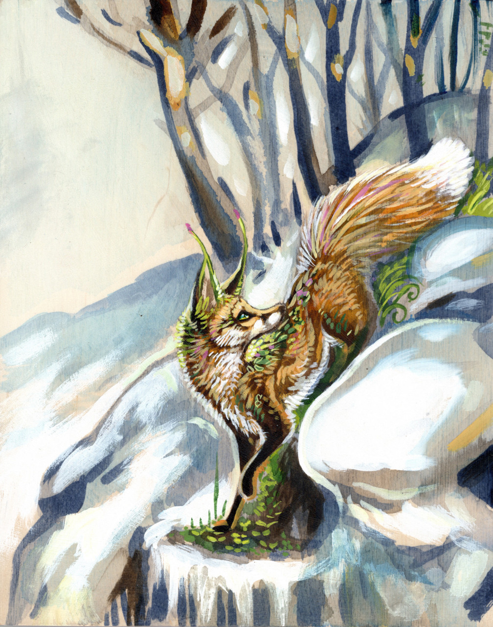 acrylic_painting_(artwork) ambiguous_gender cadmiumtea canid canine cliff cloudy elemental_creature feral forest fox hi_res looking_back mammal painting_(artwork) plant sapling snow solo spirit spring traditional_media_(artwork) tree