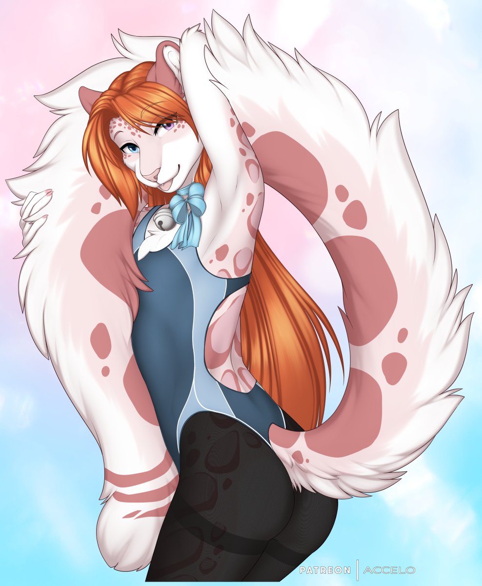 accelo accelo_(character) anthro bell bell_collar butt chest_tuft clothed clothing collar countershading digital_media_(artwork) felid fluffy fluffy_tail fur girly hair hand_behind_head heterochromia hi_res holding_tail inner_ear_fluff leaning leaning_forward leggings legwear long_hair looking_at_viewer male mammal one-piece_swimsuit pantherine pink_body pink_fur red_hair ribbons slim smile snow_leopard solo spots swimwear tight_clothing tongue tongue_out tuft