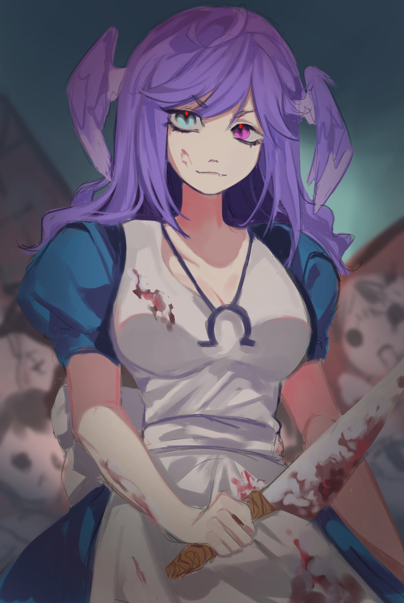 1girl alice:_madness_returns alice_(alice_in_wonderland) alice_(alice_in_wonderland)_(cosplay) american_mcgee's_alice bangs blood blood_on_clothes blood_on_weapon blue_eyes breasts cleavage cosplay dress eyebrows_visible_through_hair head_wings heterochromia highres holding holding_knife jewelry knife looking_to_the_side medium_breasts mei_(adomanju) necklace nijisanji nijisanji_en puffy_short_sleeves puffy_sleeves purple_eyes purple_hair selen_tatsuki short_sleeves smile solo v-shaped_eyebrows virtual_youtuber weapon white_dress