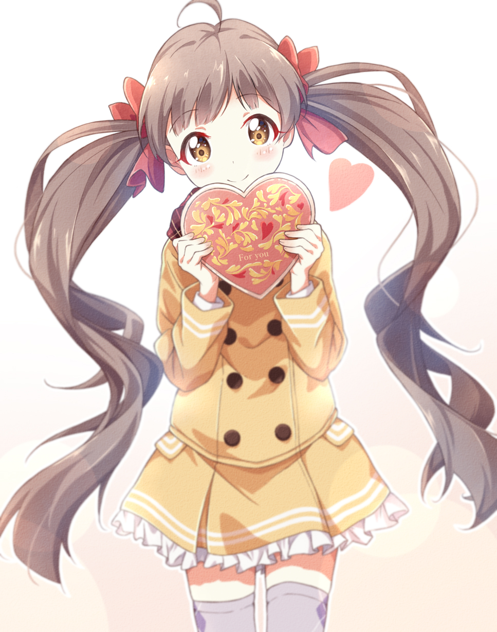1girl ahoge bangs bow bowtie box brown_eyes brown_hair closed_mouth commentary english_text eyebrows_visible_through_hair frilled_skirt frills gift gift_box grey_legwear hair_bow hakozaki_serika heart-shaped_box highres holding holding_gift idolmaster idolmaster_million_live! jacket long_hair long_sleeves looking_at_viewer miniskirt pleated_skirt red_bow red_bowtie skirt smile solo standing thighhighs toma_(shinozaki) twintails valentine very_long_hair yellow_jacket yellow_skirt