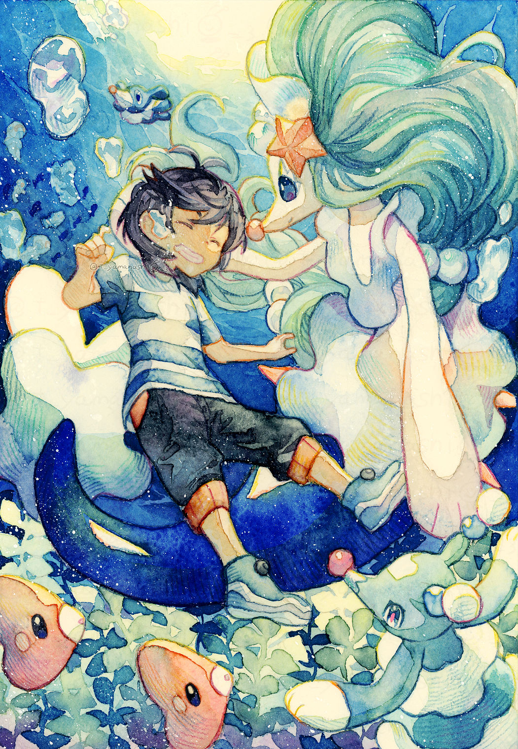 1boy air_bubble antenna_hair bangs black_hair black_pants blue_footwear blue_theme brionne bubble capri_pants commentary_request day elio_(pokemon) full_body highres looking_at_another luvdisc male_focus ocean outdoors pants pokemon pokemon_(game) pokemon_sm popplio primarina shirt shoes short_hair short_sleeves sneakers solo_focus striped striped_shirt submerged swept_bangs swimming t-shirt twitter_username underwater water watermark yamanashi_taiki