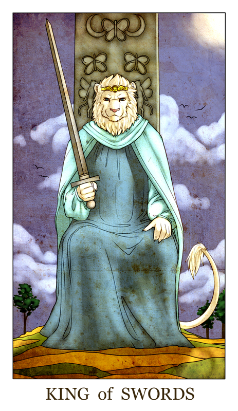 anthro arthropod avian bird blue_eyes butterfly card chair clothed clothing cloud coronet feline feralise fur hair insect king king_of_swords_(tarot) lion looking_at_viewer male mammal melee_weapon minor_arcana outside robe royalty shine_(shininglion) sky solo sun sword tarot_card throne tree weapon white_fur white_hair