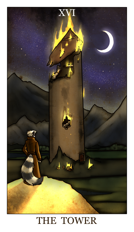 anthro black_fur building card clothed clothing crescent_moon feline feralise fire fur hair hybrid lucian_(threedawg) major_arcana male mammal moon mountain night outside procyonid raccoon sky solo star tarot_card the_tower_(tarot) tiger tower white_fur white_hair