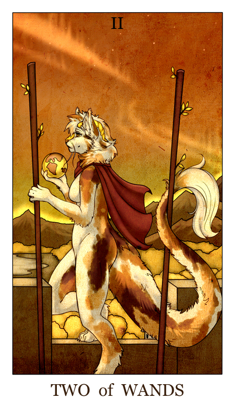 anthro aurora_borealis barbels black_fur breasts calico_cat cape card cat clothing dragon featureless_breasts feline female feralise fur globe hair horn hybrid mammal mandakatt minor_arcana mountain multicolored_hair night nude orange_fur orange_hair outside sky solo staff star tarot_card tree two_of_wands_(tarot) water white_fur white_hair