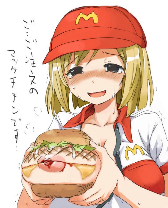 bb blonde_hair blood blush bread breasts burger cheese erect_nipples guro hat large_breasts lettuce mayonnaise mcdonald's mcdonald's open_mouth saliva sweat tears uniform what