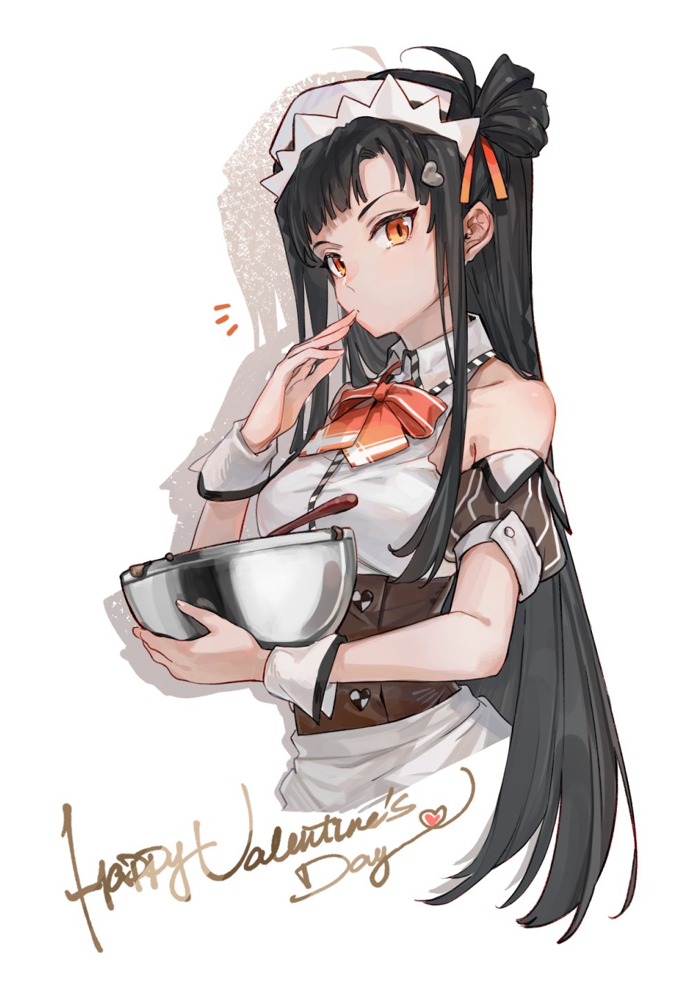 1girl alternate_costume bangs black_hair bow bowtie breasts closed_mouth cropped_legs english_text enmaided eyebrows_visible_through_hair finger_to_mouth girls'_frontline hair_ornament hairclip happy_valentine highres holding long_hair looking_at_viewer maid maid_headdress medium_breasts orange_bow orange_bowtie orange_eyes qbz-191_(girls'_frontline) shuzi side_ponytail solo standing valentine white_background
