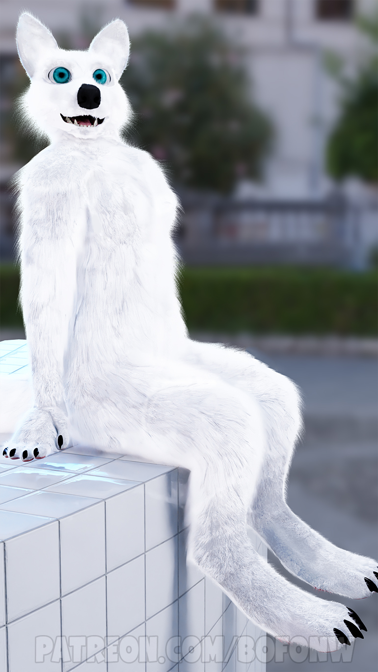 anthro black_claws blue_eyes bofonw canid canine canis claws domestic_dog feet fur happy hi_res mammal nude outside pawpads sitting solo white_body white_fur wolf