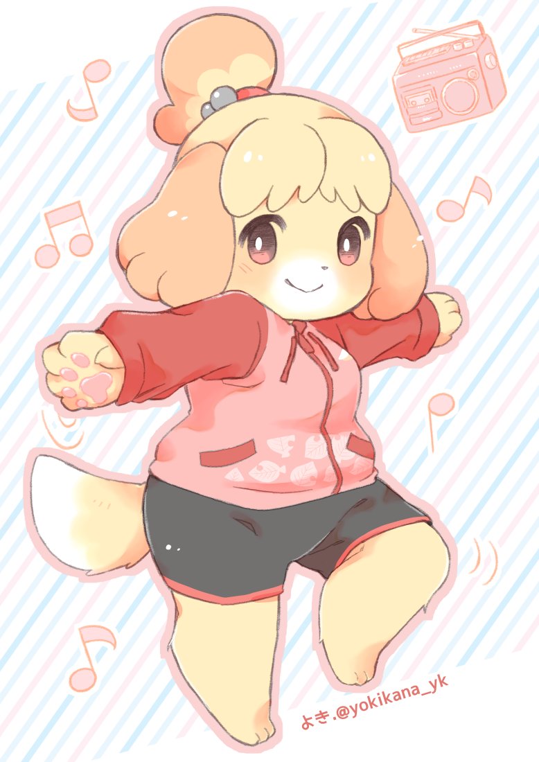 3_toes 5_fingers accessory animal_crossing anthro barefoot bottomwear canid canine canis clothed clothing digital_media_(artwork) domestic_dog feet female fingers fur hair hair_accessory isabelle_(animal_crossing) looking_at_viewer mammal musical_note nintendo pawpads radio shih_tzu shirt shorts simple_background smile solo standing toes topwear toy_dog video_games yellow_body yellow_fur yokikana_yk