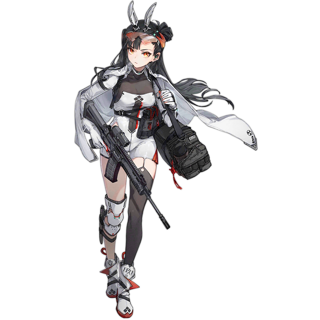 1girl ammunition_pouch animal_ears bag bangs black_bag black_hair black_legwear boots breasts choker cleavage cloak closed_mouth collarbone dress expressionless eyebrows_visible_through_hair eyewear_on_head fake_animal_ears full_body girls'_frontline gloves gun hair_ornament headphones holding holding_bag holding_gun holding_weapon knee_pads knife_holster long_hair long_sleeves looking_at_viewer magazine_(weapon) medium_breasts official_art orange_eyes pouch promotional_art qbz-191 qbz-191_(girls'_frontline) safety_glasses shuzi simple_background single_thighhigh snowflakes solo standing thighhighs transparent_background weapon white_choker white_cloak white_dress white_footwear white_gloves