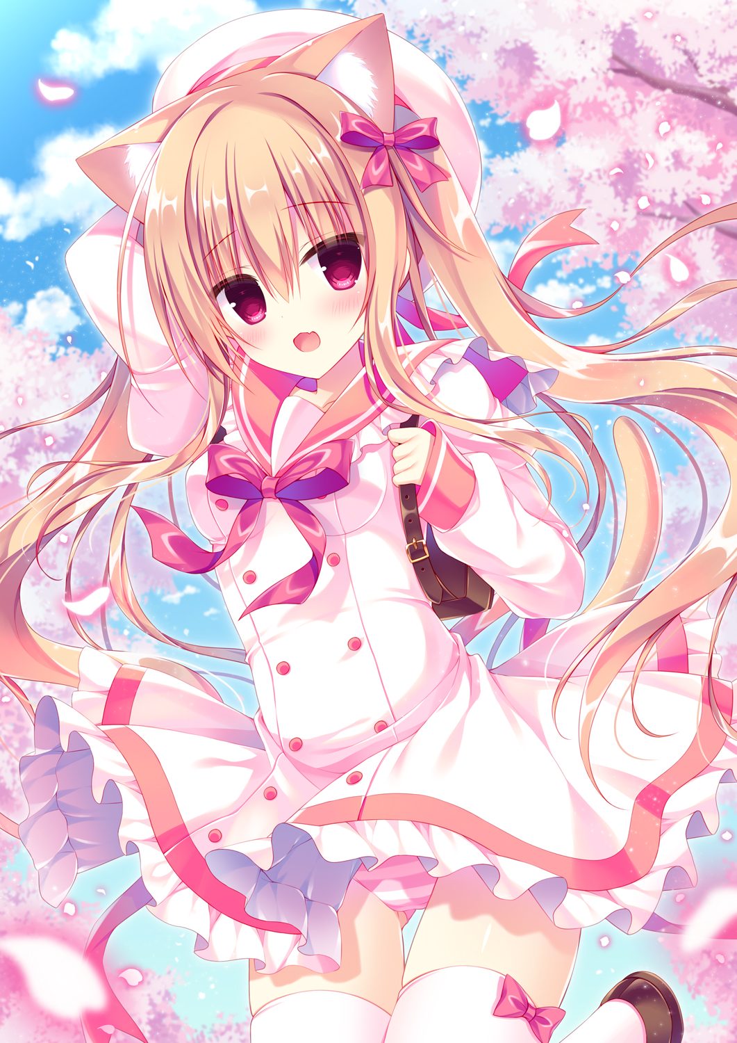 1girl :d animal_ears arm_behind_head arm_up backpack bag bangs beret blue_sky blush bow branch breasts brown_footwear brown_hair cat_ears cherry_blossoms cloud commentary_request day dress eyebrows_visible_through_hair frilled_dress frilled_sailor_collar frills hair_between_eyes hair_bow hasune hat highres juliet_sleeves long_sleeves looking_at_viewer original outdoors panties petals puffy_sleeves red_bow red_eyes red_sailor_collar sailor_collar sailor_dress shoes sky small_breasts smile solo spring_(season) striped striped_panties thighhighs twintails underwear white_dress white_headwear white_legwear