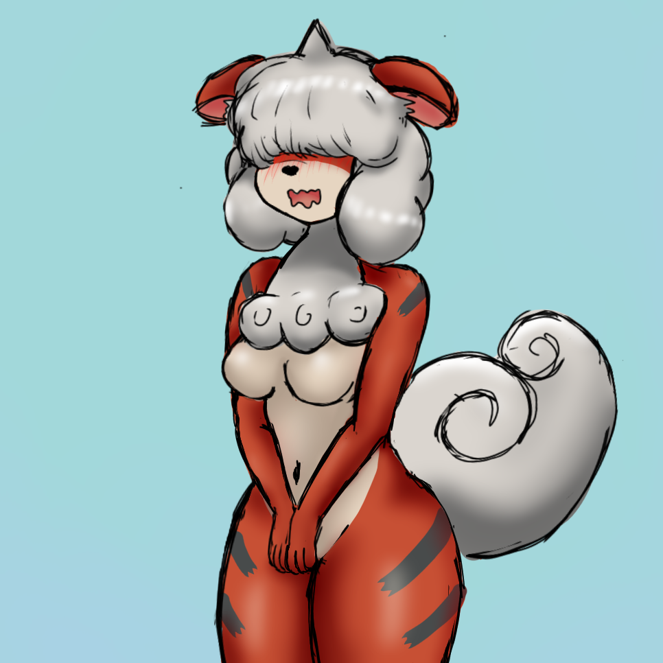 :s anthro blue_background blush breasts chest_tuft covering covering_crotch embarrassed_nude_female featureless_breasts female fur hair hair_over_eyes hisuian_growlithe multicolored_body multicolored_fur navel nintendo pok&eacute;mon pok&eacute;mon_(species) red_body red_fur saeko_art simple_background small_breasts solo striped_body striped_fur stripes tuft two_tone_body two_tone_fur video_games white_hair