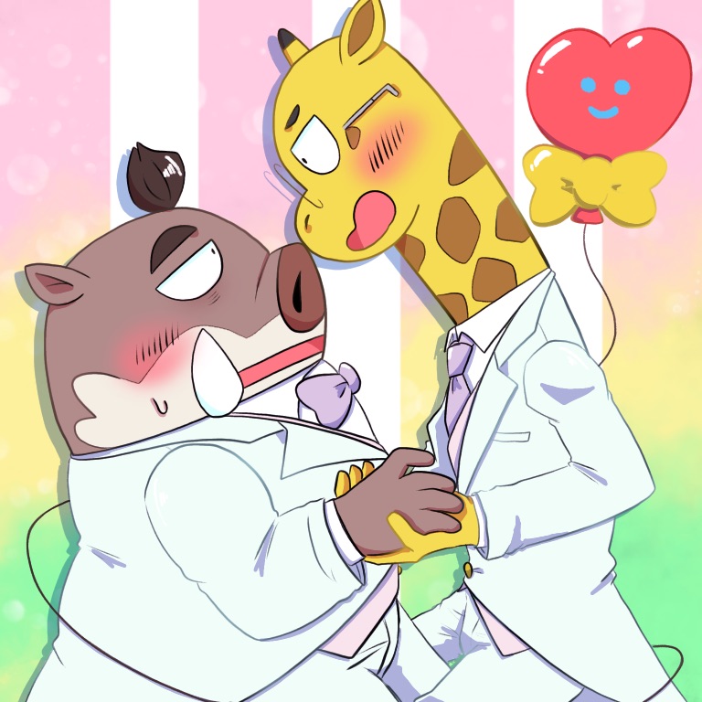 2022 anthro blush bottomwear bow_tie brown_body clothing eyewear giraffe giraffid glasses hand_holding kensuke_shibagaki_(odd_taxi) male male/male mammal natsumeggggg necktie odd_taxi pants satoshi_nagashima_(odd_taxi) shirt slightly_chubby suid suina suit sus_(pig) topwear wild_boar yellow_body