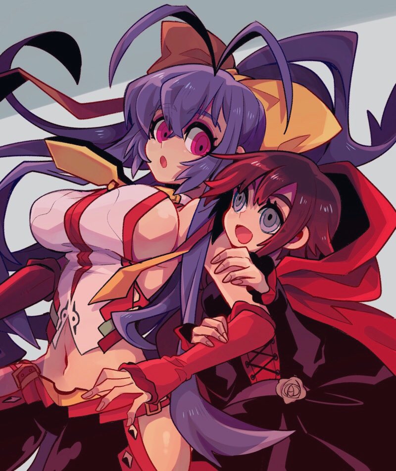 1girl 2girls antenna_hair backless_outfit bangs bare_shoulders belt black_hair black_pants blazblue blazblue:_cross_tag_battle blue_hair breasts cloak dress gloves gradient_hair grey_eyes hair_ribbon halter_top halterneck high_ponytail hip_vent hug hug_from_behind large_breasts looking_at_another lowleg lowleg_pants magenta_eyes mai_natsume mako_gai medium_breasts multicolored_hair multiple_girls open_mouth pants red_gloves red_hair red_hood ribbon ruby_rose rwby short_dress short_hair sideboob sidelocks smile solo yellow_ribbon