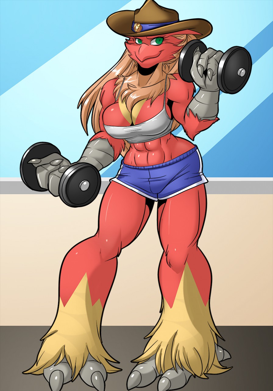 2016 abs anthro athletic athletic_anthro athletic_female avencri barefoot blaziken blonde_hair bottomwear bra breasts cleavage clothed clothing cowboy_hat dumbbell exercise feathers feet female green_eyes gym_bottomwear gym_clothing gym_shorts hair hat headgear headwear hi_res looking_at_viewer midriff multicolored_body multicolored_feathers nintendo non-mammal_breasts pok&eacute;mon pok&eacute;mon_(species) pok&eacute;morph red_body red_feathers sandra_tucker shorts smile solo sports_bra standing survival_of_the_fittest two_tone_body two_tone_feathers underwear upstairstudios video_games weights workout yellow_body yellow_feathers