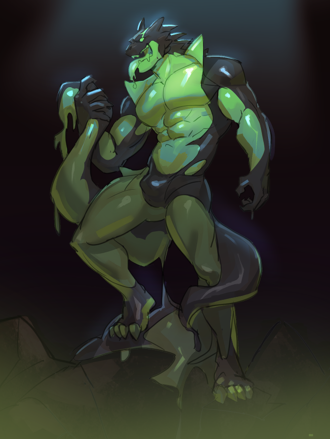 2022 2_tails 4_toes abs another_eidos_of_dragon_vein_r anthro biceps biped black_goo colored feet goo_creature green_eyes green_goo humanoid_hands jade_(anothereidos_r) male multi_tail multicolored_body muscular muscular_anthro muscular_male muscular_thighs open_mouth p0sporo pecs solo toes tongue tongue_out triceps two_tone_body two_tone_goo
