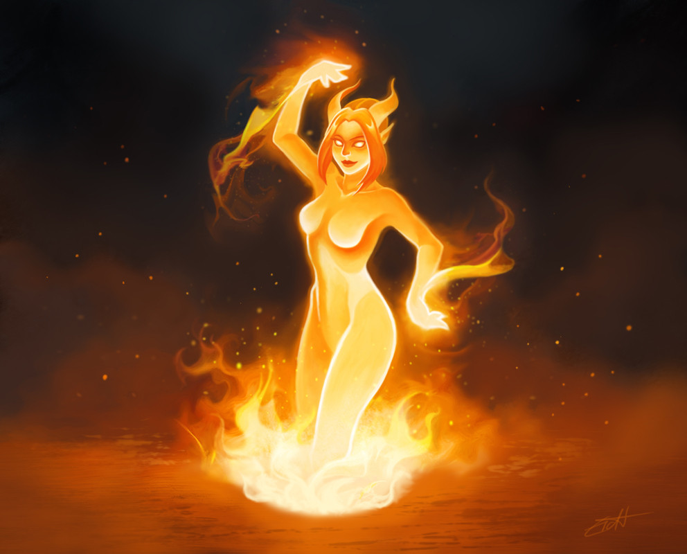 1girl arm_up bangs closed_mouth collarbone completely_nude english_commentary fire flame hearthstone horns looking_at_viewer no_pupils nude pointy_ears short_hair signature smile solo thorsten_erdt
