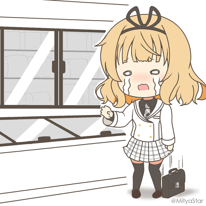 1girl bangs black_footwear black_legwear black_shirt blazer blonde_hair blush chibi collared_shirt commentary_request crying eyebrows_visible_through_hair gochuumon_wa_usagi_desu_ka? jacket kirima_syaro loafers long_sleeves mitya necktie nose_blush open_mouth plaid_necktie pleated_skirt school_briefcase school_uniform shadow shirt shoes skirt solo standing streaming_tears tears tedeza_rize's_school_uniform thighhighs twitter_username wavy_mouth white_jacket white_skirt