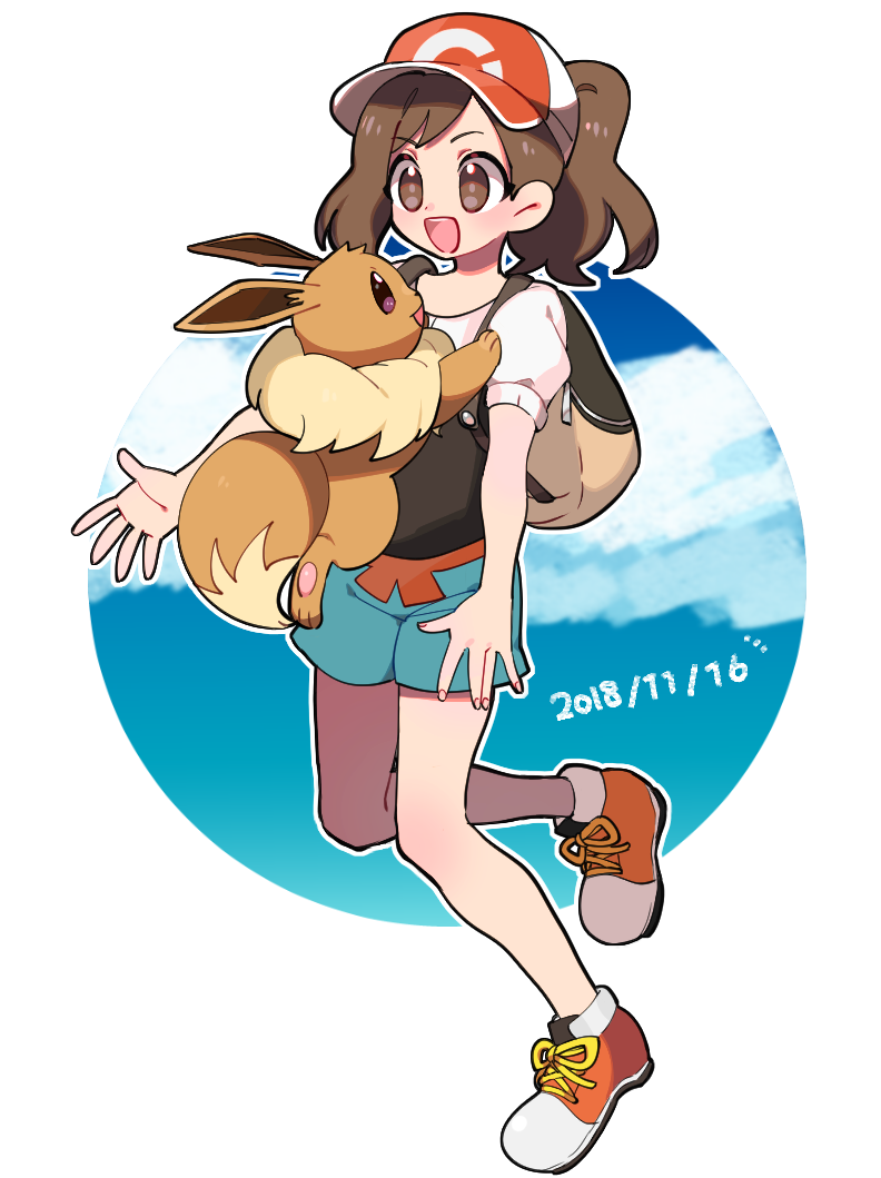 1girl aqua_shorts backpack bag bangs baseball_cap blue_background blue_sky blush brown_eyes brown_hair cloud commentary_request dated day eevee elaine_(pokemon) eye_contact eyebrows_visible_through_hair full_body fur_collar happy hat imminent_hug jumping kureson_(hayama_baa) leg_up looking_at_another looking_down looking_up medium_hair multicolored_shirt open_mouth outdoors outline outstretched_arms pawpads poke_ball_symbol poke_ball_theme pokemon pokemon_(creature) pokemon_(game) pokemon_lgpe ponytail puffy_short_sleeves puffy_sleeves purple_eyes red_footwear red_headwear shirt shoes short_shorts short_sleeves shorts sidelocks sky smile standing standing_on_one_leg teeth two-tone_background white_background white_outline