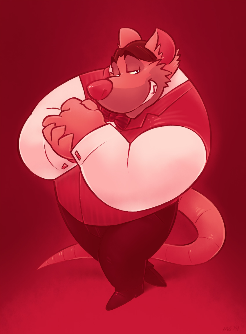 2014 anthro biped bottomwear clothing disney greenendorf humanoid_hands male mammal murid murine musclegut pants professor_padraic_ratigan_(disney) rat red_background rodent shirt simple_background solo the_great_mouse_detective topwear