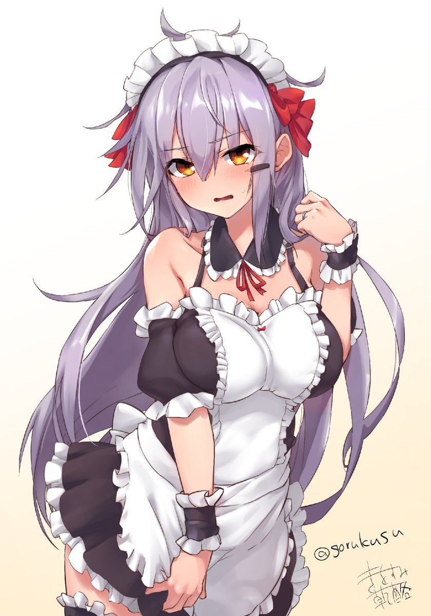 1girl alternate_costume apron bangs black_dress blush breasts cheese_(cheese_koubou) commentary_request dress enmaided eyebrows_visible_through_hair frilled_apron frilled_dress frills gangut_(kancolle) grey_hair hair_ornament hairclip highres kantai_collection large_breasts long_hair looking_at_viewer maid maid_headdress orange_eyes parted_lips scar scar_on_face simple_background solo sweat twitter_username white_apron