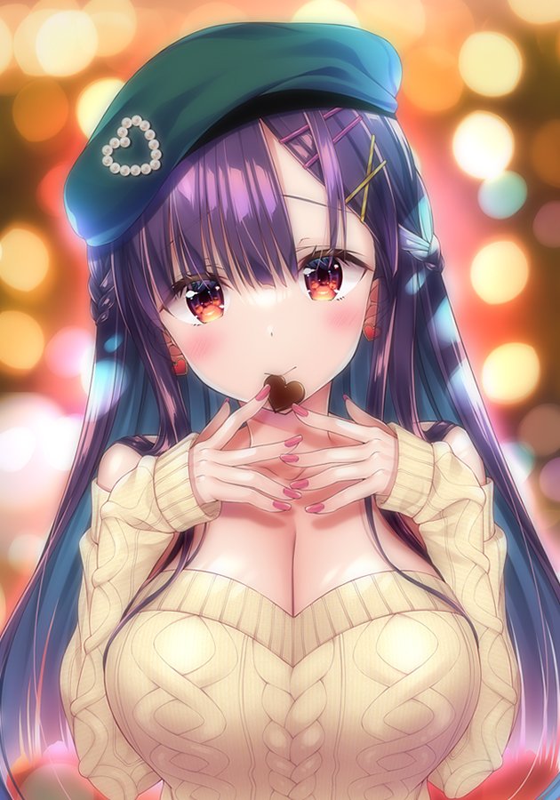 1girl bangs beret blurry blush bokeh braid breasts chocolate cleavage commentary_request depth_of_field earrings green_headwear hair_ornament hairclip hat heart heart_earrings jewelry large_breasts long_hair long_sleeves looking_at_viewer mouth_hold off-shoulder_sweater off_shoulder original purple_hair red_eyes sasorigatame sleeves_past_wrists solo sweater upper_body valentine yellow_sweater
