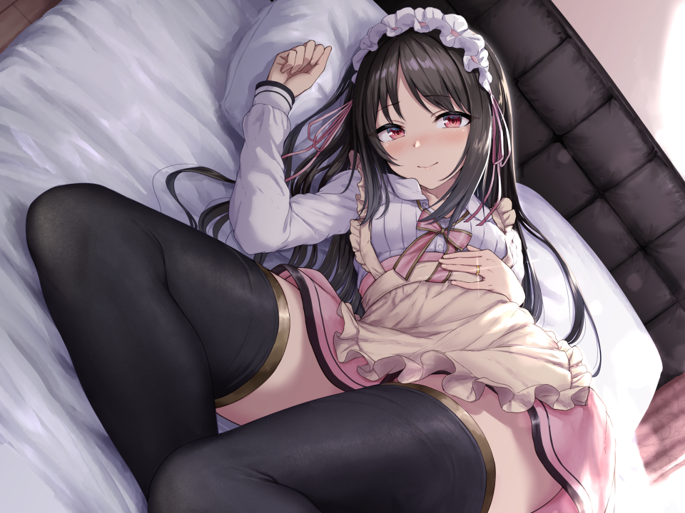 1girl aoi_tiduru apron asmr bangs black_hair black_legwear blush bow bowtie clenched_hand closed_mouth collarbone eyebrows_visible_through_hair frilled_apron frills half-closed_eyes indoors jewelry long_hair long_sleeves looking_at_viewer lying maid maid_headdress nose_blush on_bed original pillow pink_bow pink_bowtie pink_eyes pink_skirt ring skirt smile solo thighhighs very_long_hair