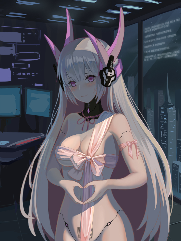 android blush breasts female gesture gift_wrapped hair hand_heart headgear humanoid liv_(pgr) looking_at_viewer machine mo_ran mobile_games mostly_nude not_furry pink_eyes pinup pose punishing_gray_raven ribbons robot robot_humanoid skyscraper video_games white_hair