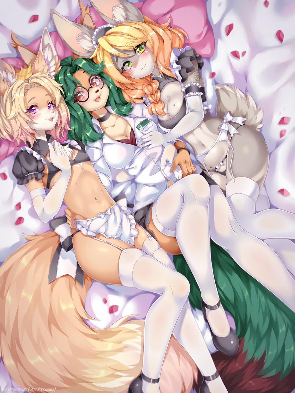 anthro armwear bed blonde_hair blush bottomwear breasts business_suit canid canine cleavage clothed clothing crossdressing crown elbow_gloves eyewear female flower_petals fox fur furniture girly glasses gloves green_hair grey_body grey_fur group hair handwear hi_res lagomorph legwear leporid lil-maj lying maid_uniform male mammal narrowed_eyes navel on_back open_mouth open_smile partially_clothed partially_clothed_anthro partially_clothed_female partially_clothed_male petals purple_eyes rabbit red_eyes skirt slim smile smiling_at_viewer stockings suit tekahika uniform white_armwear white_clothing white_elbow_gloves white_gloves white_handwear white_legwear white_stockings yellow_body yellow_fur