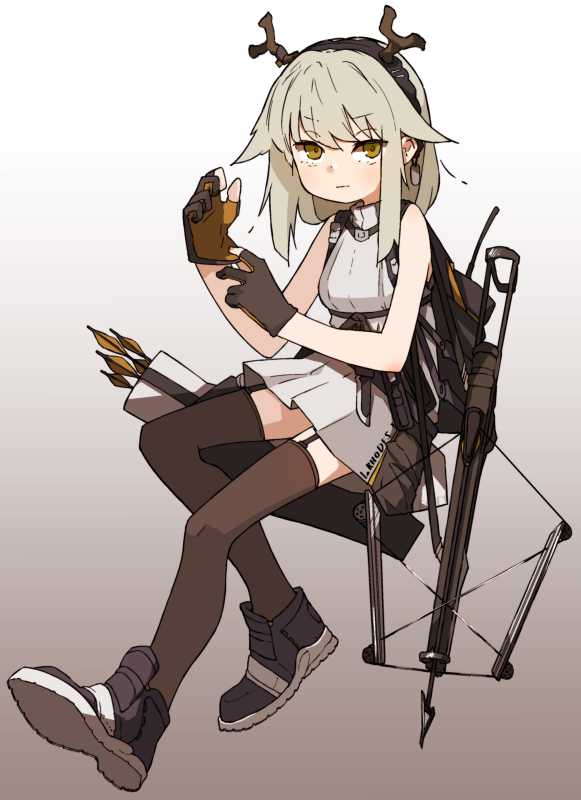 1girl adjusting_clothes adjusting_gloves amonitto antlers arknights arrow_(projectile) black_footwear black_gloves breasts brown_thighhighs closed_mouth crossbow dress firewatch_(arknights) full_body garter_straps gloves gradient_background grey_hair hairband medium_hair partially_fingerless_gloves quiver shoes sleeveless sleeveless_dress small_breasts solo thighhighs weapon white_dress yellow_eyes