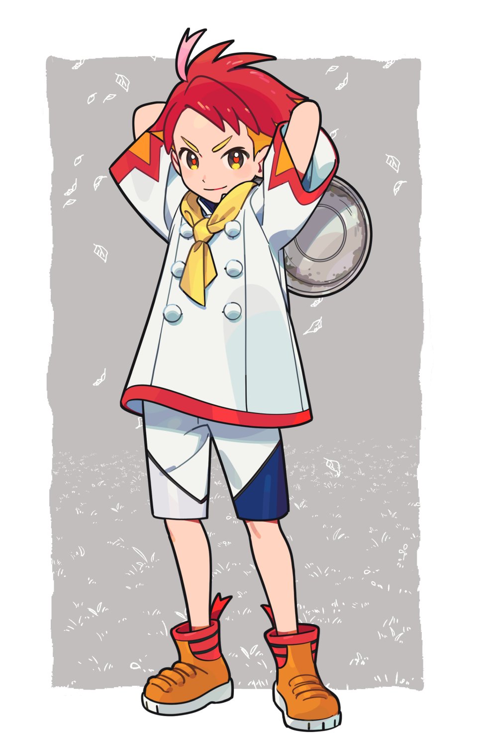 1boy border buttons closed_mouth commentary_request crispin_(pokemon) frying_pan full_body grey_background highres jacket looking_at_viewer male_focus orange_footwear pokemon pokemon_sv shoes short_sleeves shorts smile solo standing u2t5k2s5 white_border white_jacket white_shorts yellow_eyes